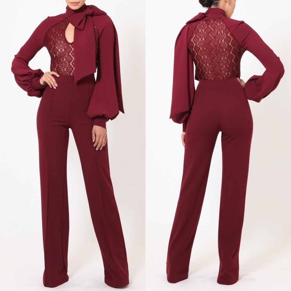 Burgundy lace top jumpsuit - Picture 3 of 7